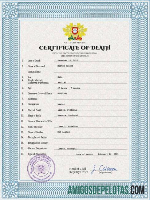 Imprimível modelo PSD de certidão de óbito de Portugal